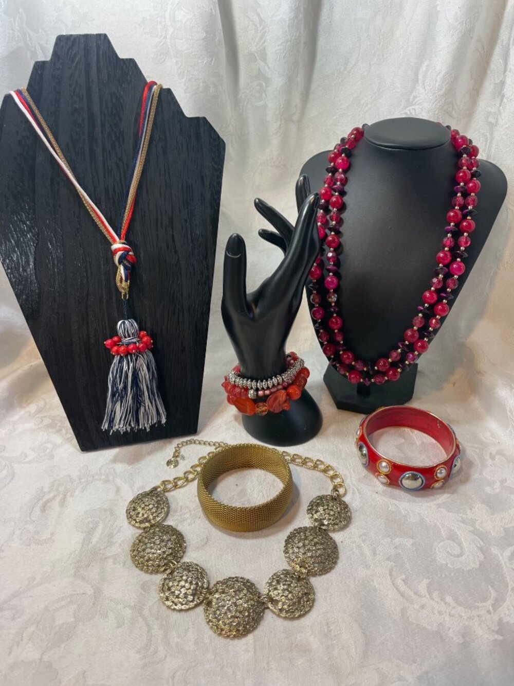 Multi-Piece Jewelry Set Lot of  Bangles Necklaces & Bracelets Red Gold & Tassels